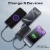 Promate Dual-Mode AC/DC Charger and 10000mAh Power Bank with 20W USB-C Port, Built-In USB-C Cable, 22.5W USB-A Quick Charge, Digital Display, and Multi-Protection System for Safe - Black